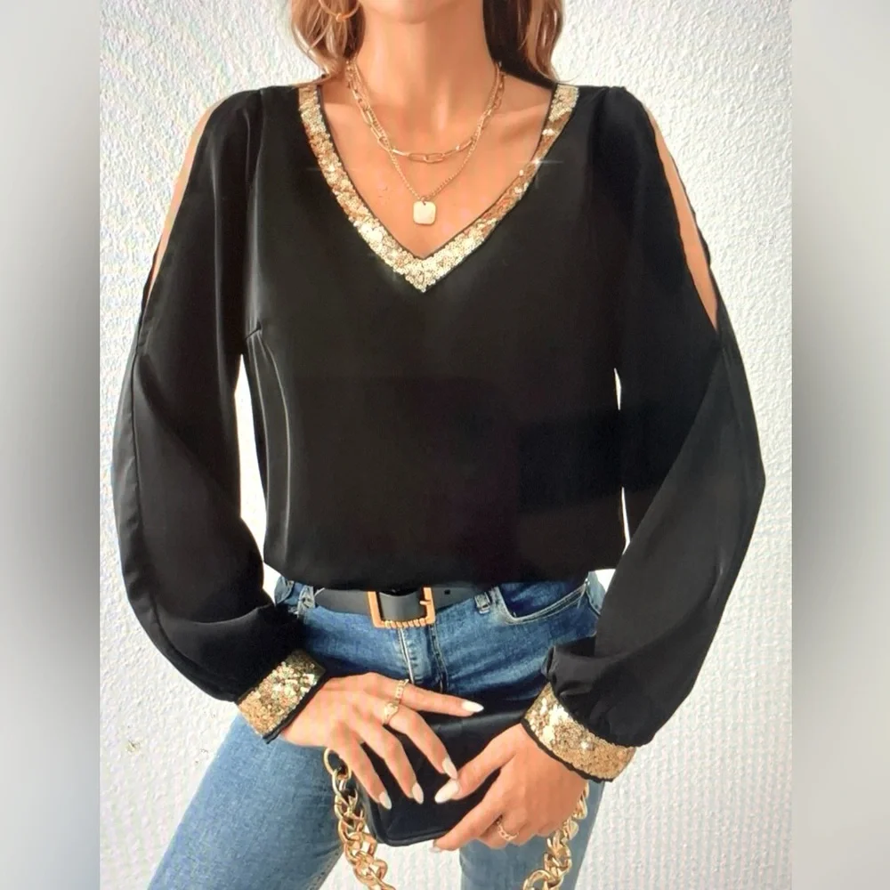 NWOT Sequin cold shoulder blouse - Picture 3 of 3